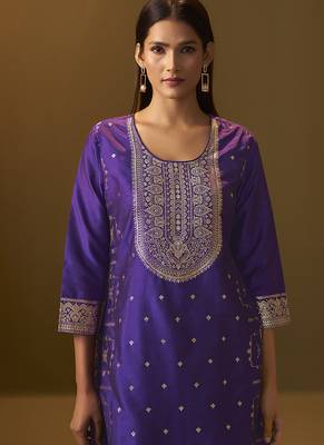Navy blue jacquard art silk straight kurta set with dupatta for women 4
