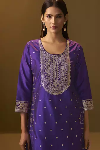 Navy blue jacquard art silk straight kurta set with dupatta for women