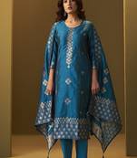 Turquoise blue jacquard art silk straight kurta set with dupatta