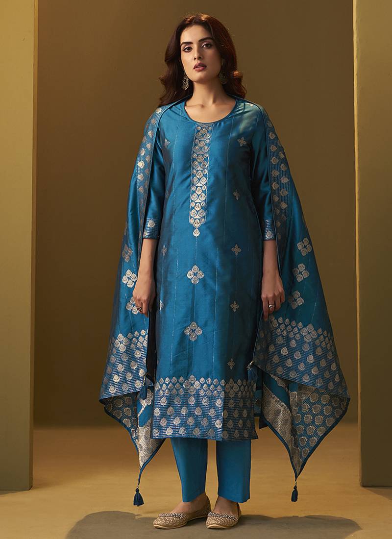Turquoise blue jacquard art silk straight kurta set with dupatta