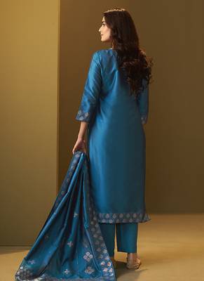 Turquoise blue jacquard art silk straight kurta set with dupatta 2