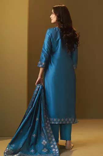 Turquoise blue jacquard art silk straight kurta set with dupatta
