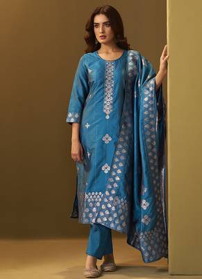 Turquoise blue jacquard art silk straight kurta set with dupatta 3