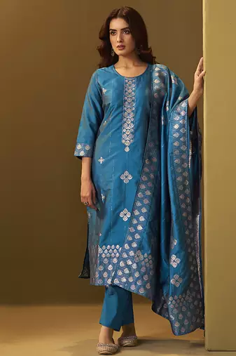 Turquoise blue jacquard art silk straight kurta set with dupatta