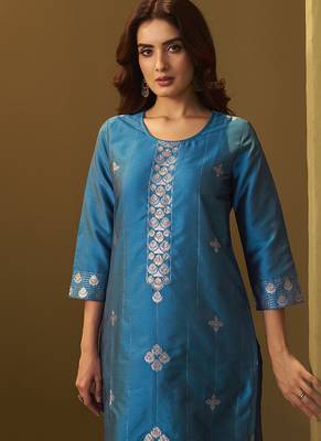 Turquoise blue jacquard art silk straight kurta set with dupatta 4