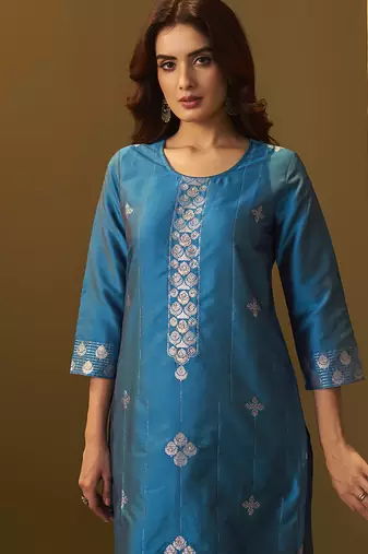 Turquoise blue jacquard art silk straight kurta set with dupatta
