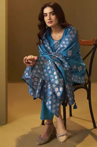 Turquoise blue jacquard art silk straight kurta set with dupatta