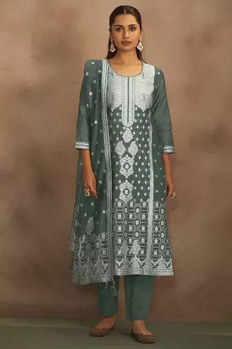Dusty green jacquard art silk straight kurta set with dupatta