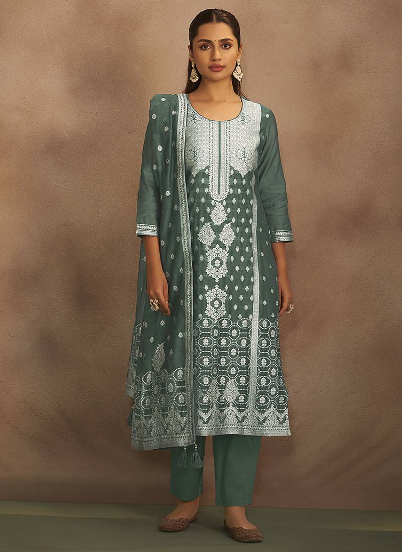 Dusty green jacquard art silk straight kurta set with dupatta