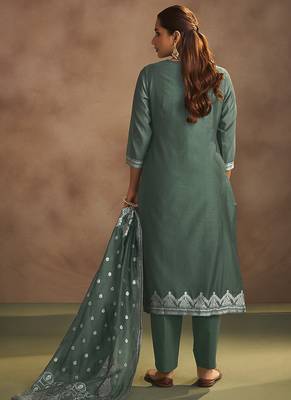 Dusty green jacquard art silk straight kurta set with dupatta 2