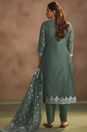Dusty green jacquard art silk straight kurta set with dupatta