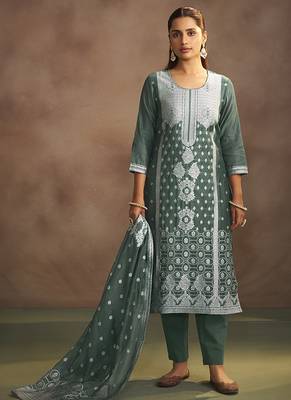 Dusty green jacquard art silk straight kurta set with dupatta 3