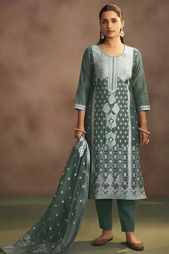 Dusty green jacquard art silk straight kurta set with dupatta