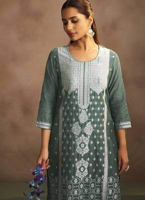 Dusty green jacquard art silk straight kurta set with dupatta 4