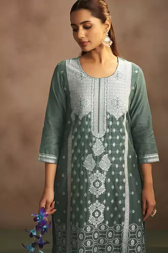 Dusty green jacquard art silk straight kurta set with dupatta