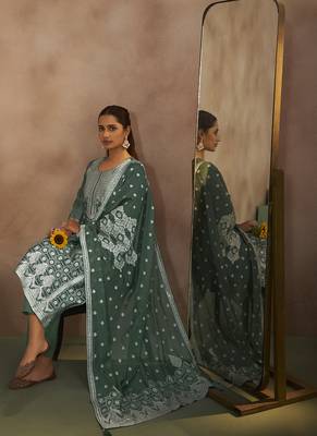 Dusty green jacquard art silk straight kurta set with dupatta 5