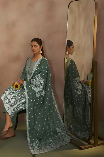Dusty green jacquard art silk straight kurta set with dupatta
