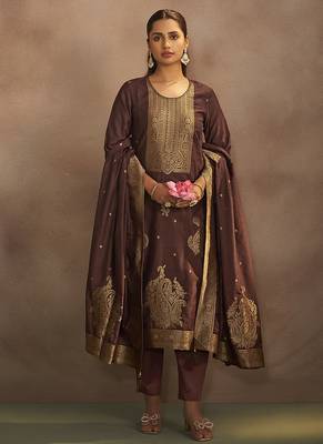 Brown jacquard art silk straight kurta set with dupatta 1