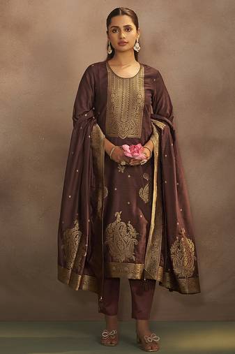 Brown jacquard art silk straight kurta set with dupatta