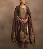 Brown jacquard art silk straight kurta set with dupatta