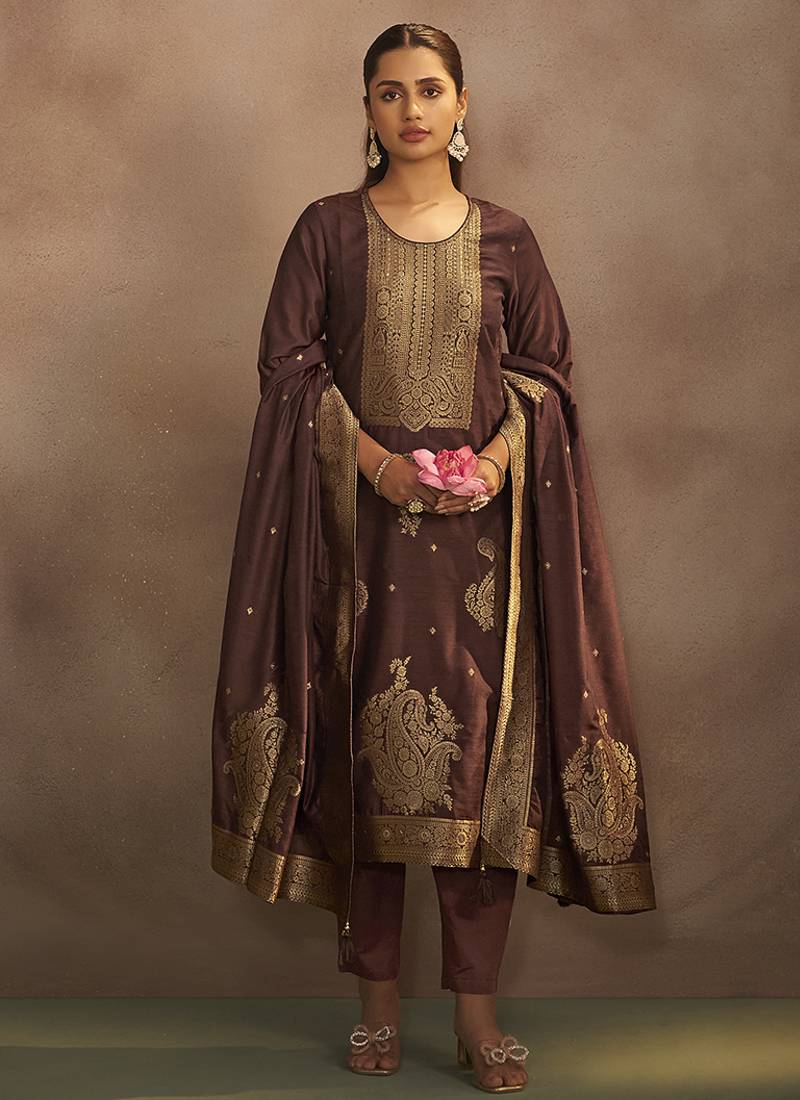 Brown jacquard art silk straight kurta set with dupatta