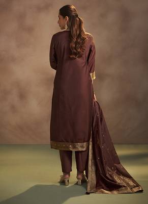 Brown jacquard art silk straight kurta set with dupatta 2