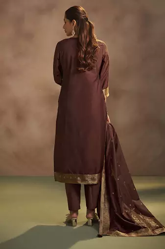Brown jacquard art silk straight kurta set with dupatta
