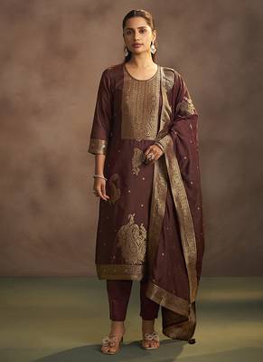 Brown jacquard art silk straight kurta set with dupatta 3