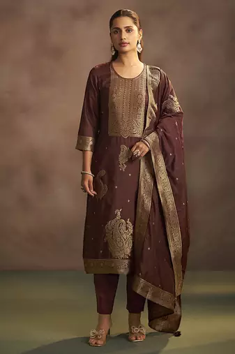 Brown jacquard art silk straight kurta set with dupatta
