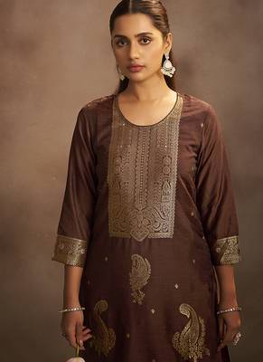 Brown jacquard art silk straight kurta set with dupatta 4