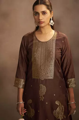 Brown jacquard art silk straight kurta set with dupatta