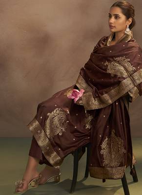 Brown jacquard art silk straight kurta set with dupatta 5