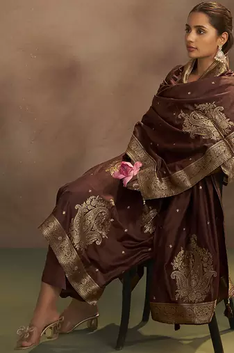 Brown jacquard art silk straight kurta set with dupatta