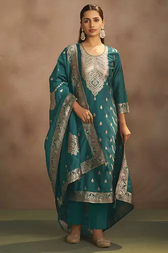 Rama green jacquard art silk straight kurta set with dupatta