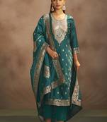 Rama green jacquard art silk straight kurta set with dupatta
