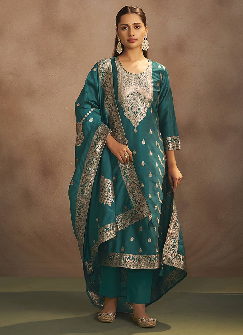 Rama green jacquard art silk straight kurta set with dupatta