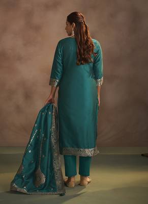 Rama green jacquard art silk straight kurta set with dupatta 2