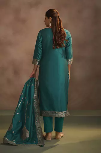 Rama green jacquard art silk straight kurta set with dupatta