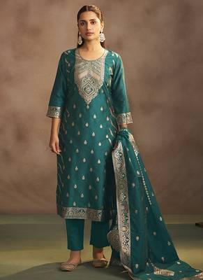 Rama green jacquard art silk straight kurta set with dupatta 3