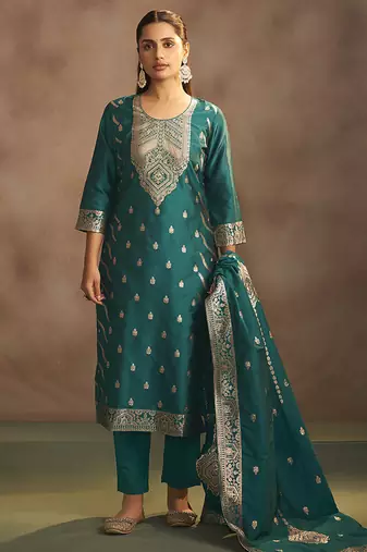 Rama green jacquard art silk straight kurta set with dupatta