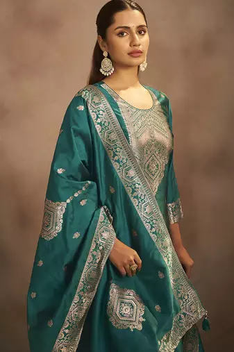 Rama green jacquard art silk straight kurta set with dupatta