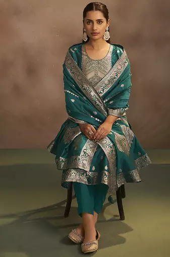 Rama green jacquard art silk straight kurta set with dupatta