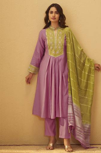 Light pink embroidered art silk anarkali kurta set with dupatta