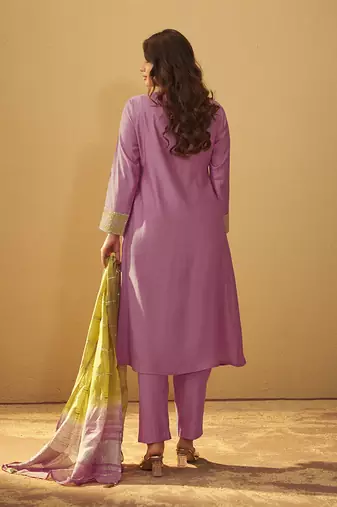 Light pink embroidered art silk anarkali kurta set with dupatta