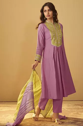 Light pink embroidered art silk anarkali kurta set with dupatta