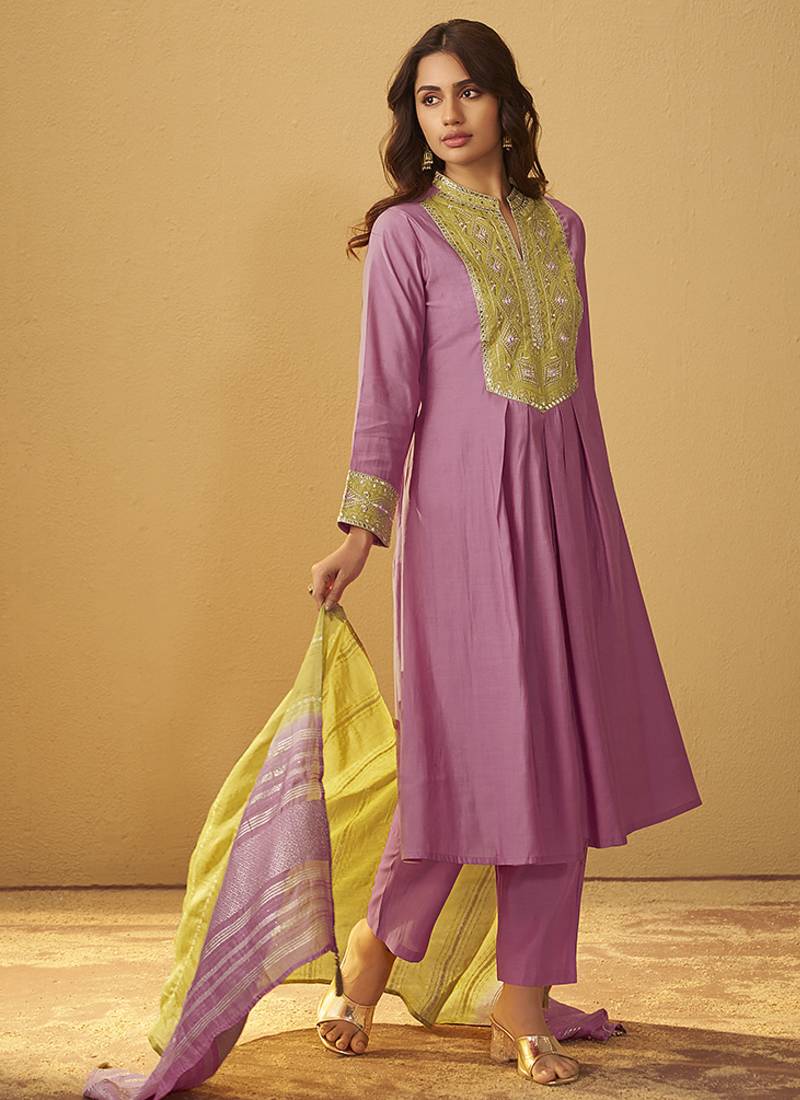 Light pink embroidered art silk anarkali kurta set with dupatta