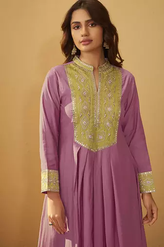 Light pink embroidered art silk anarkali kurta set with dupatta