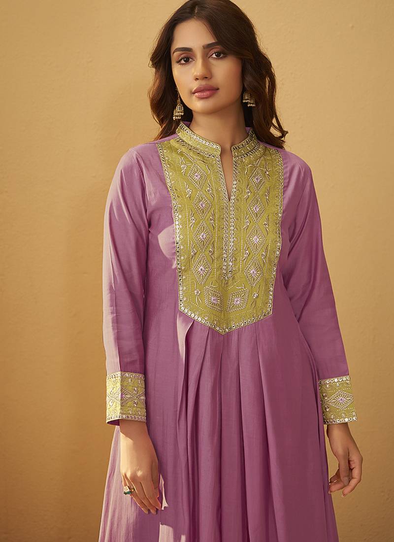 Light pink embroidered art silk anarkali kurta set with dupatta