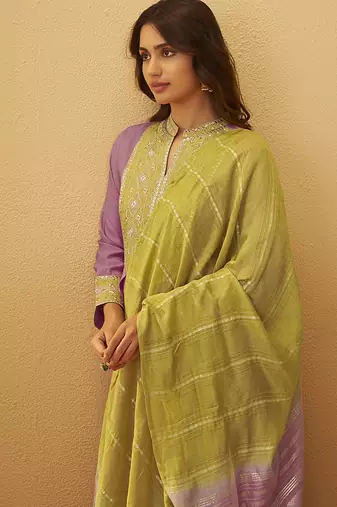Light pink embroidered art silk anarkali kurta set with dupatta