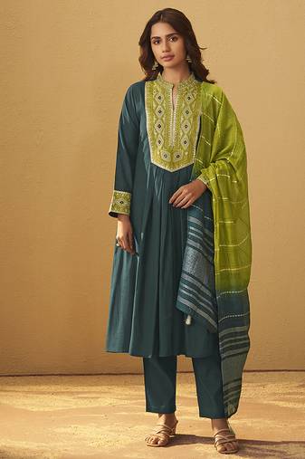 Green embroidered art silk anarkali kurta set with dupatta